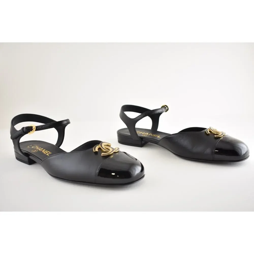 Chanel 25P Black Patent Gold CC Slingback Ankle Strap Ballerina Ballet Flat 37